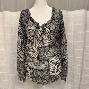 ICE Silk Sheer Animal Print Blouse Small Zebra Snakeskin Mixed Media Boho Top